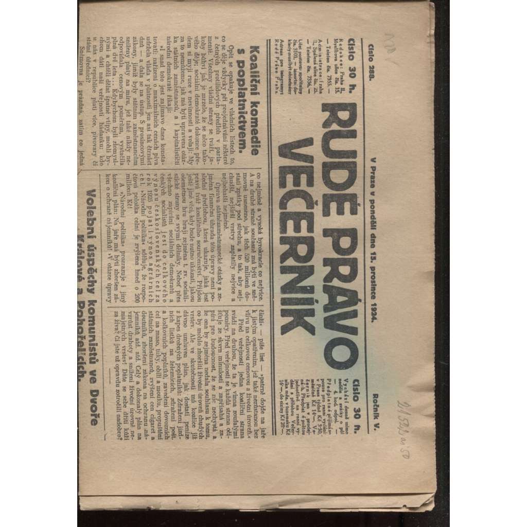 Rudé právo - večerník (15.12.1924) - 1. republika, staré noviny
