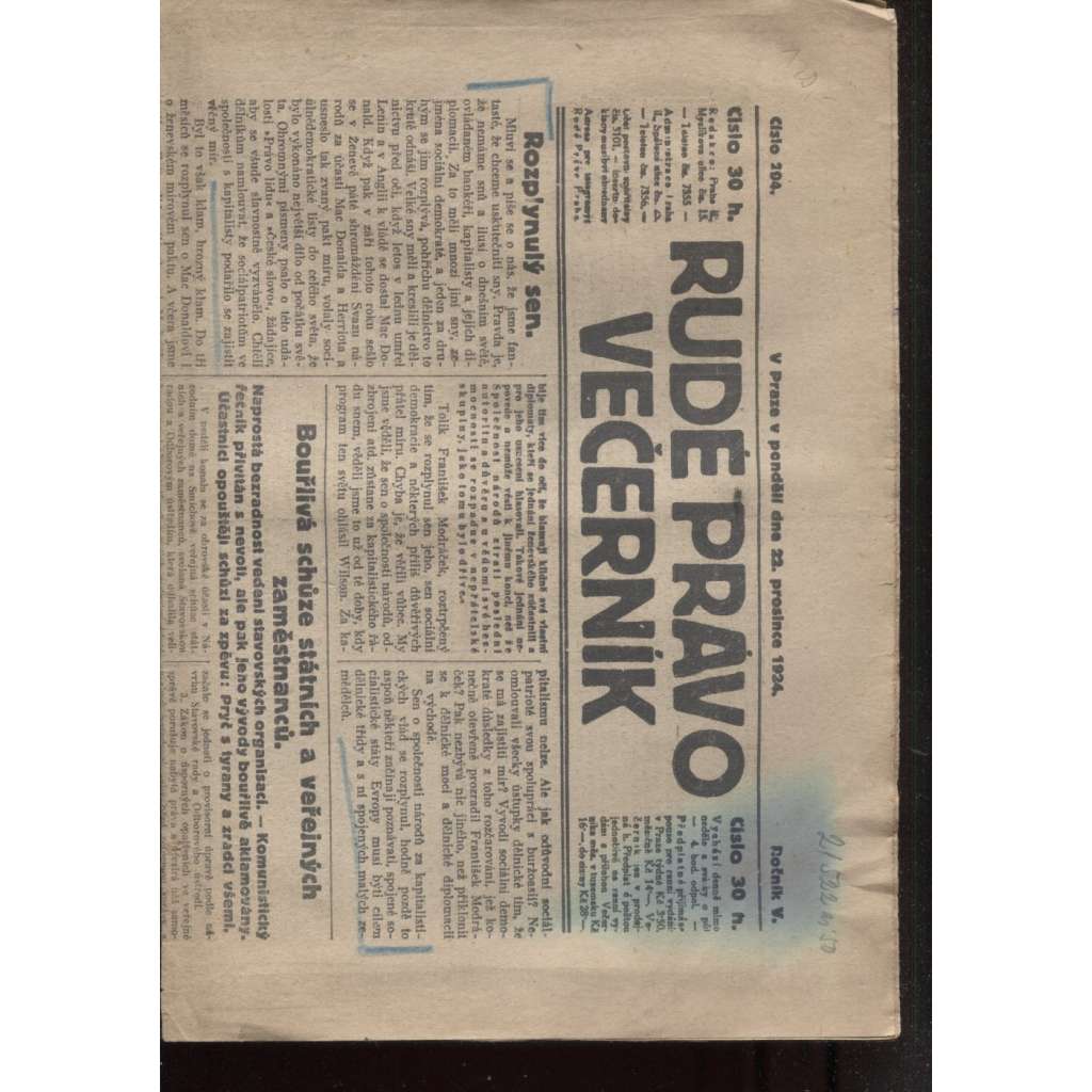 Rudé právo - večerník (22.12.1924) - 1. republika, staré noviny
