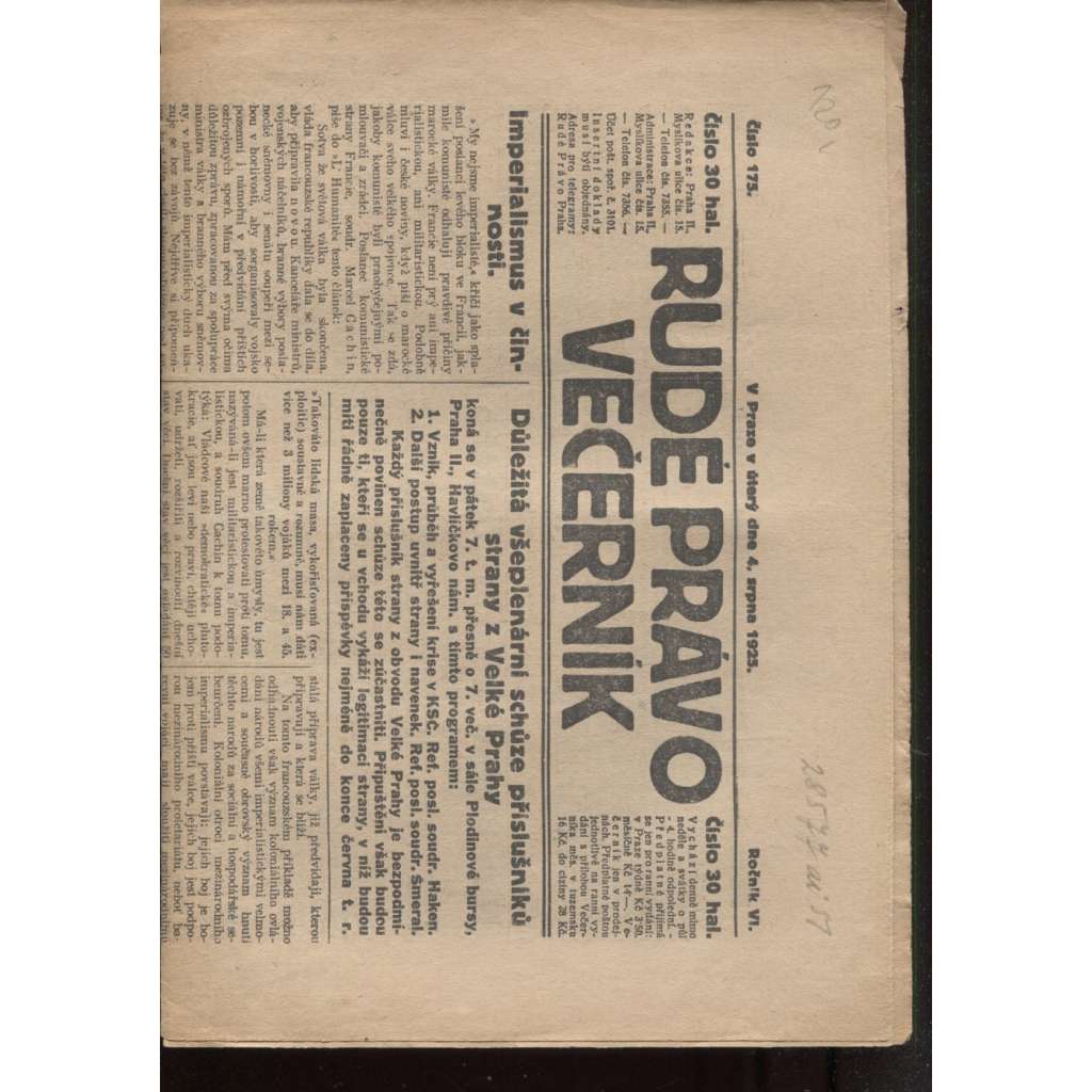 Rudé právo - večerník (4.8.1925) - 1. republika, staré noviny