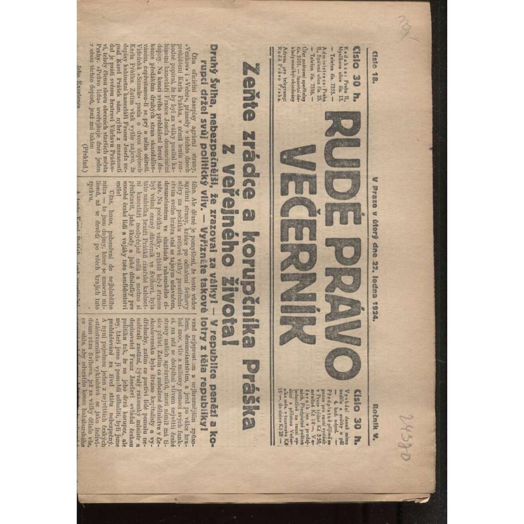 Rudé právo - večerník (22.1.1924) - 1. republika, staré noviny