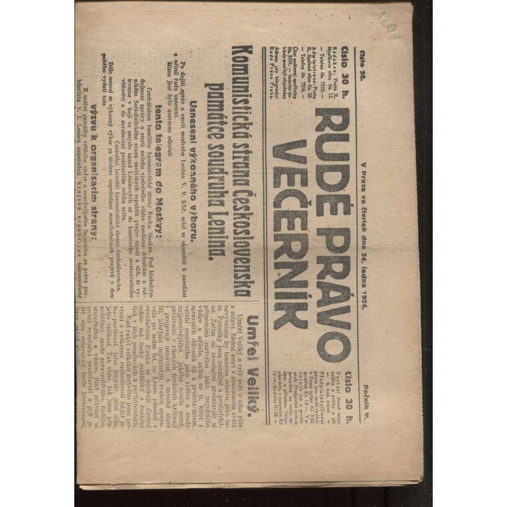 Rudé právo - večerník (24.1.1924) - 1. republika, staré noviny