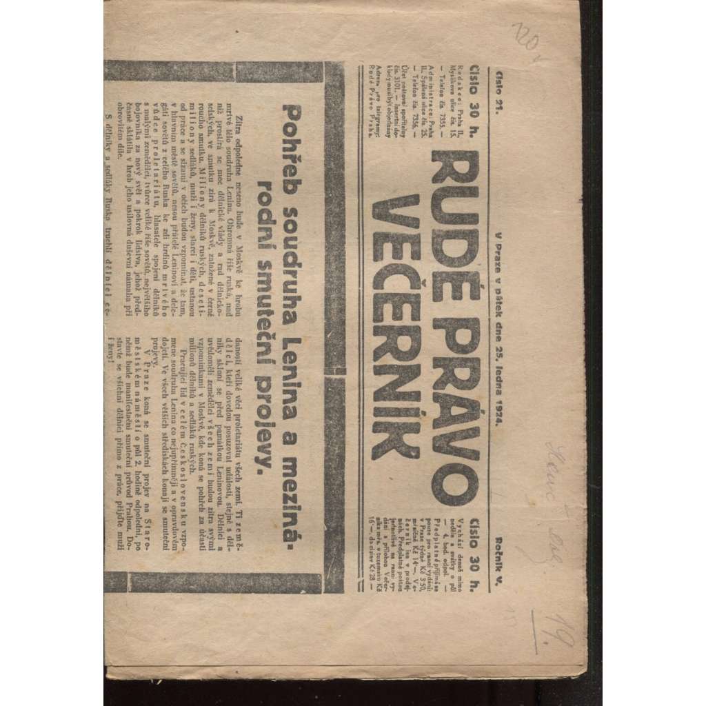 Rudé právo - večerník (25.1.1924) - 1. republika, staré noviny