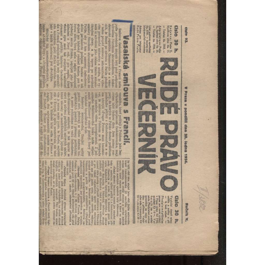 Rudé právo - večerník (28.1.1924) - 1. republika, staré noviny