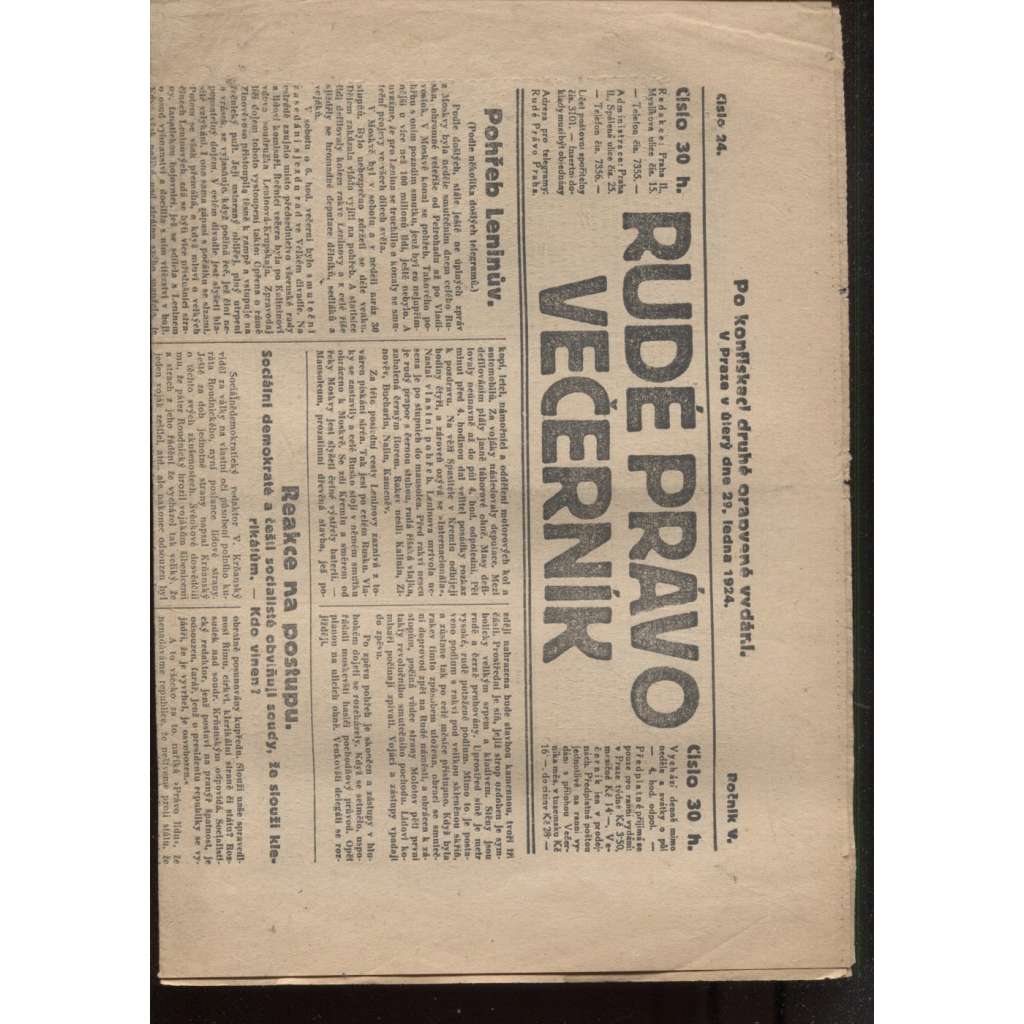 Rudé právo - večerník (29.1.1924) - 1. republika, staré noviny