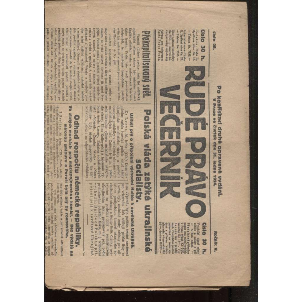 Rudé právo - večerník (31.1.1924) - 1. republika, staré noviny