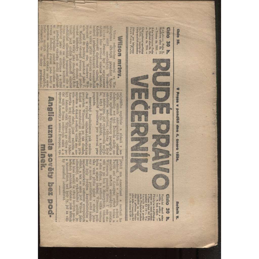 Rudé právo - večerník (4.2.1924) - 1. republika, staré noviny