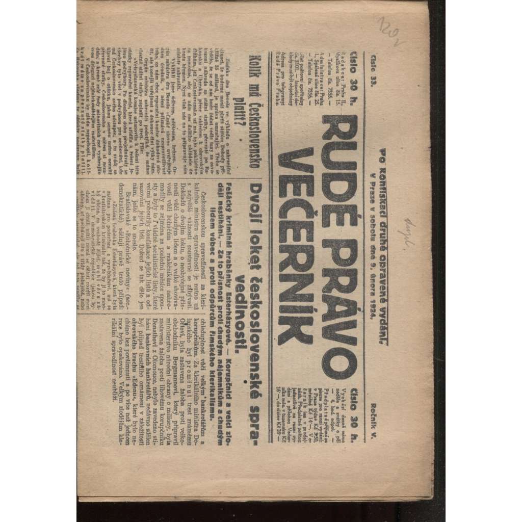 Rudé právo - večerník (9.2.1924) - 1. republika, staré noviny