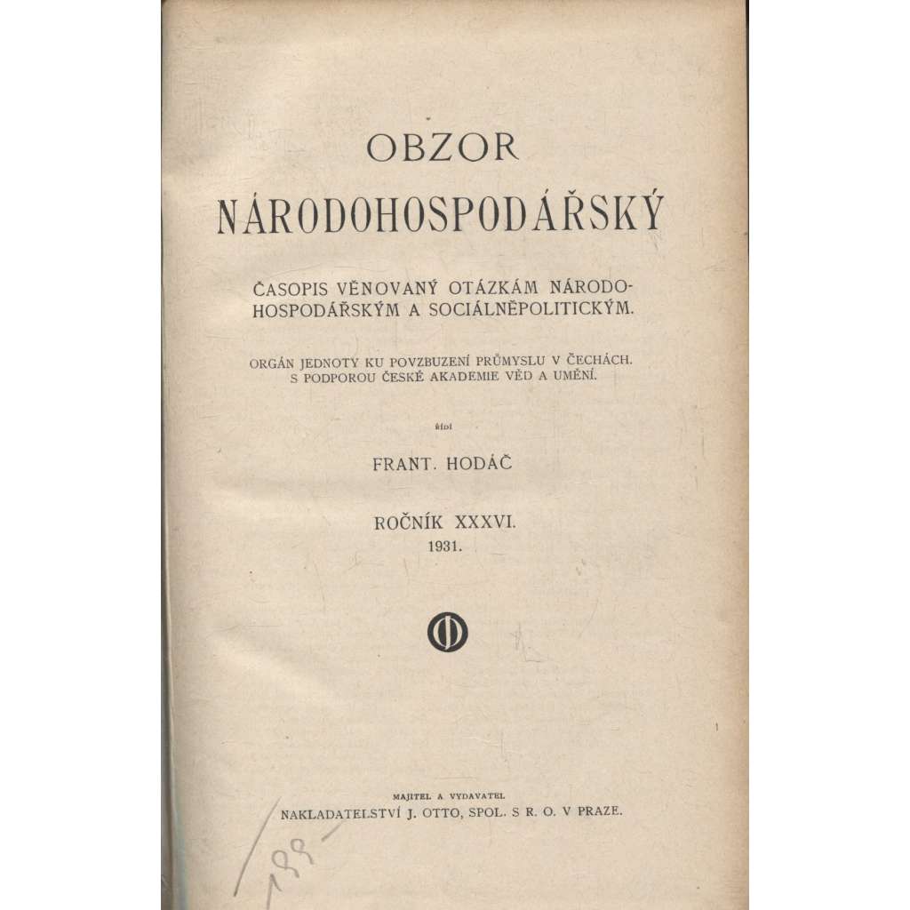 Obzor národohospodářský, ročník XXXVI./1931. Časopis věnovaný otázkám národohospodářským a sociálněpolitickým