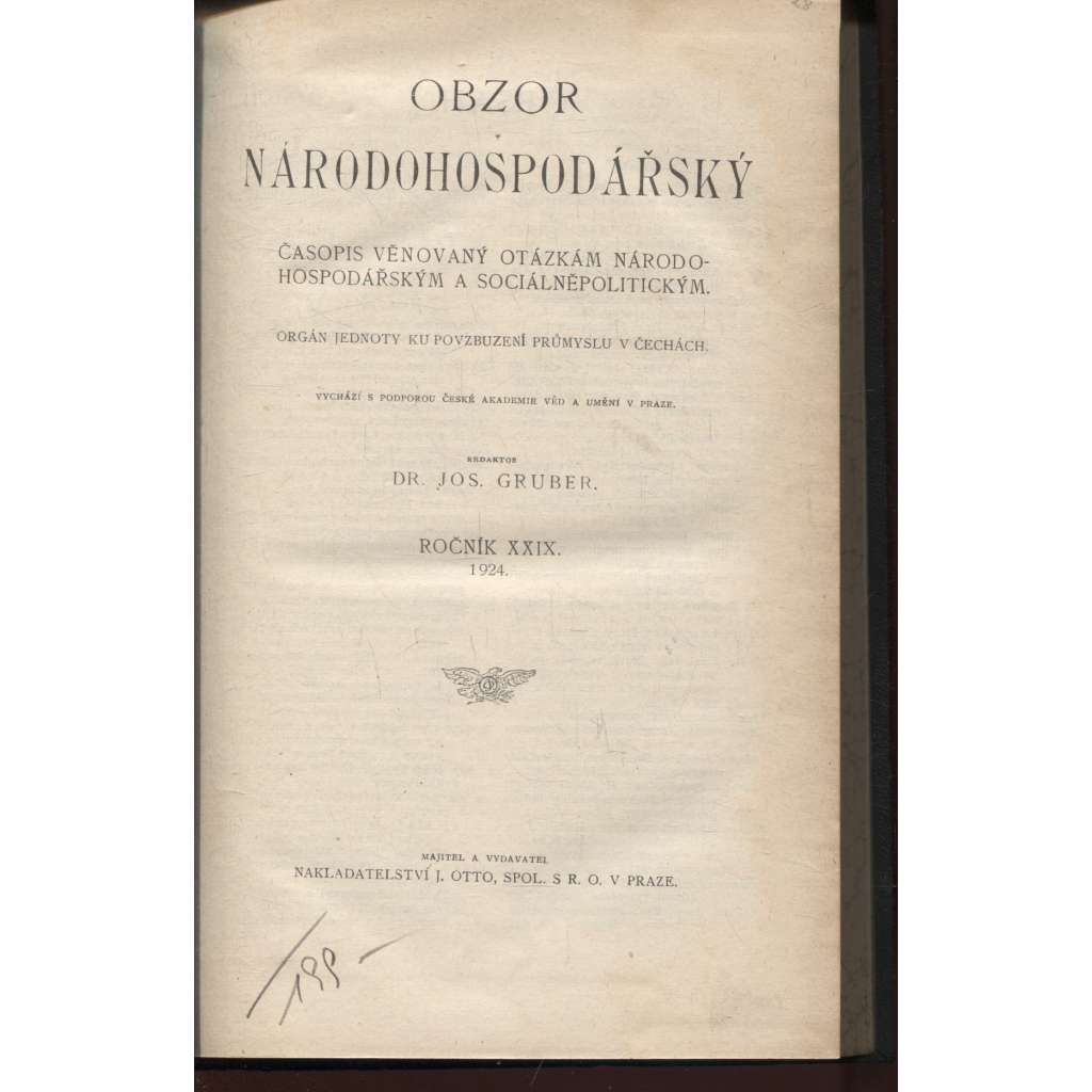 Obzor národohospodářský, ročník XXIX./1924. Časopis věnovaný otázkám národohospodářským a sociálněpolitickým