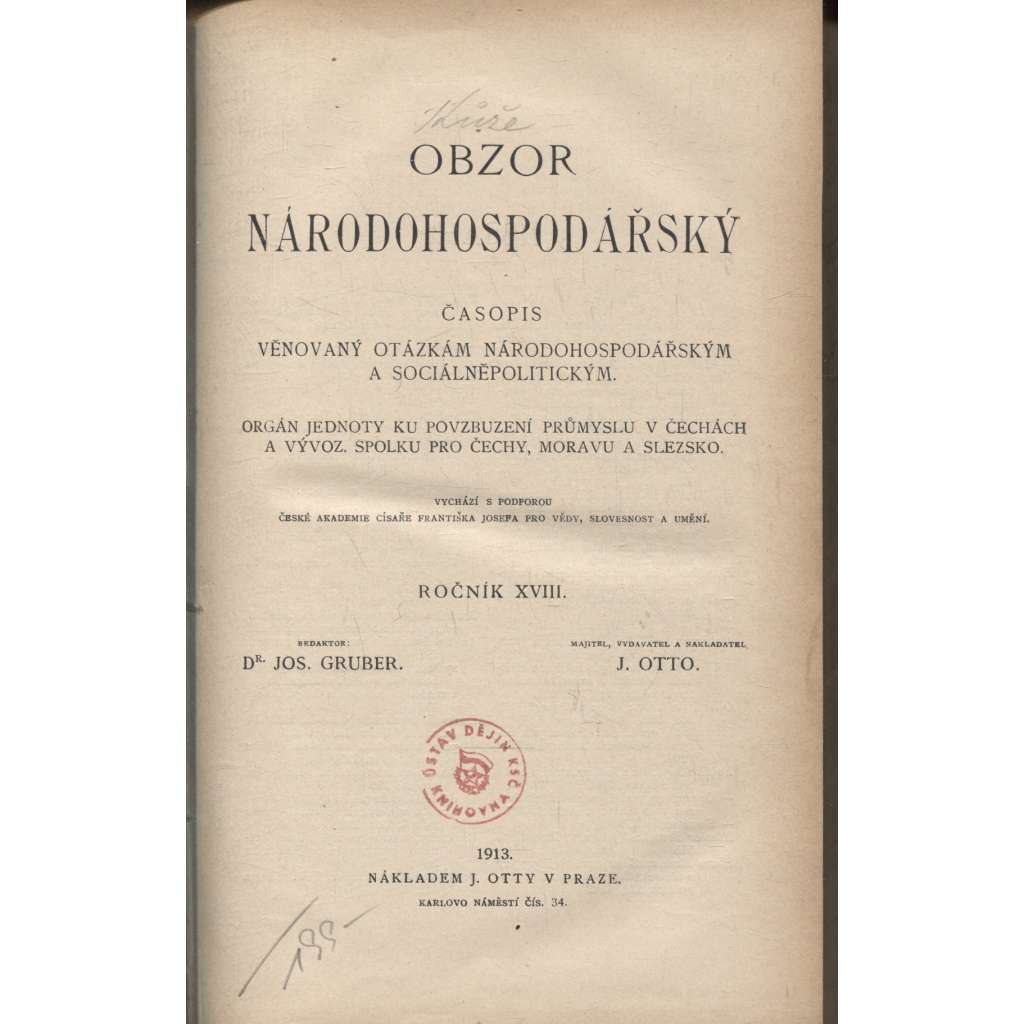 Obzor národohospodářský, ročník XVIII./1913. Časopis věnovaný otázkám národohospodářským a sociálněpolitickým