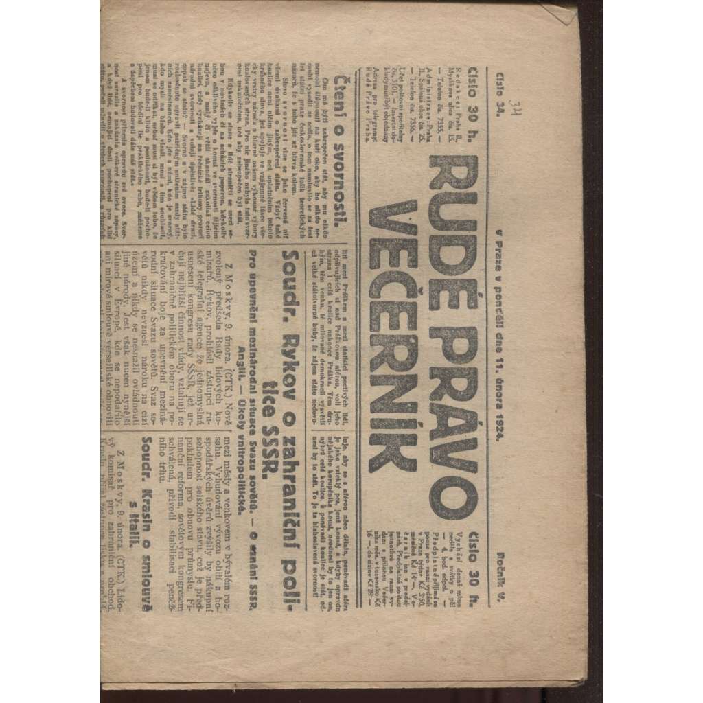 Rudé právo - večerník (11.2.1924) - 1. republika, staré noviny