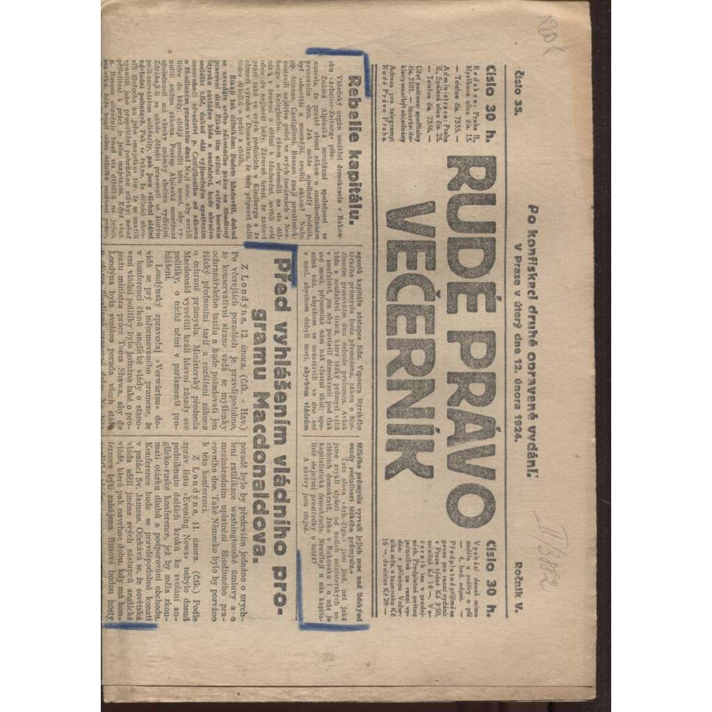 Rudé právo - večerník (12.2.1924) - 1. republika, staré noviny