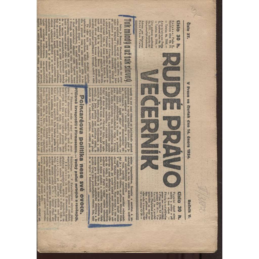 Rudé právo - večerník (14.2.1924) - 1. republika, staré noviny