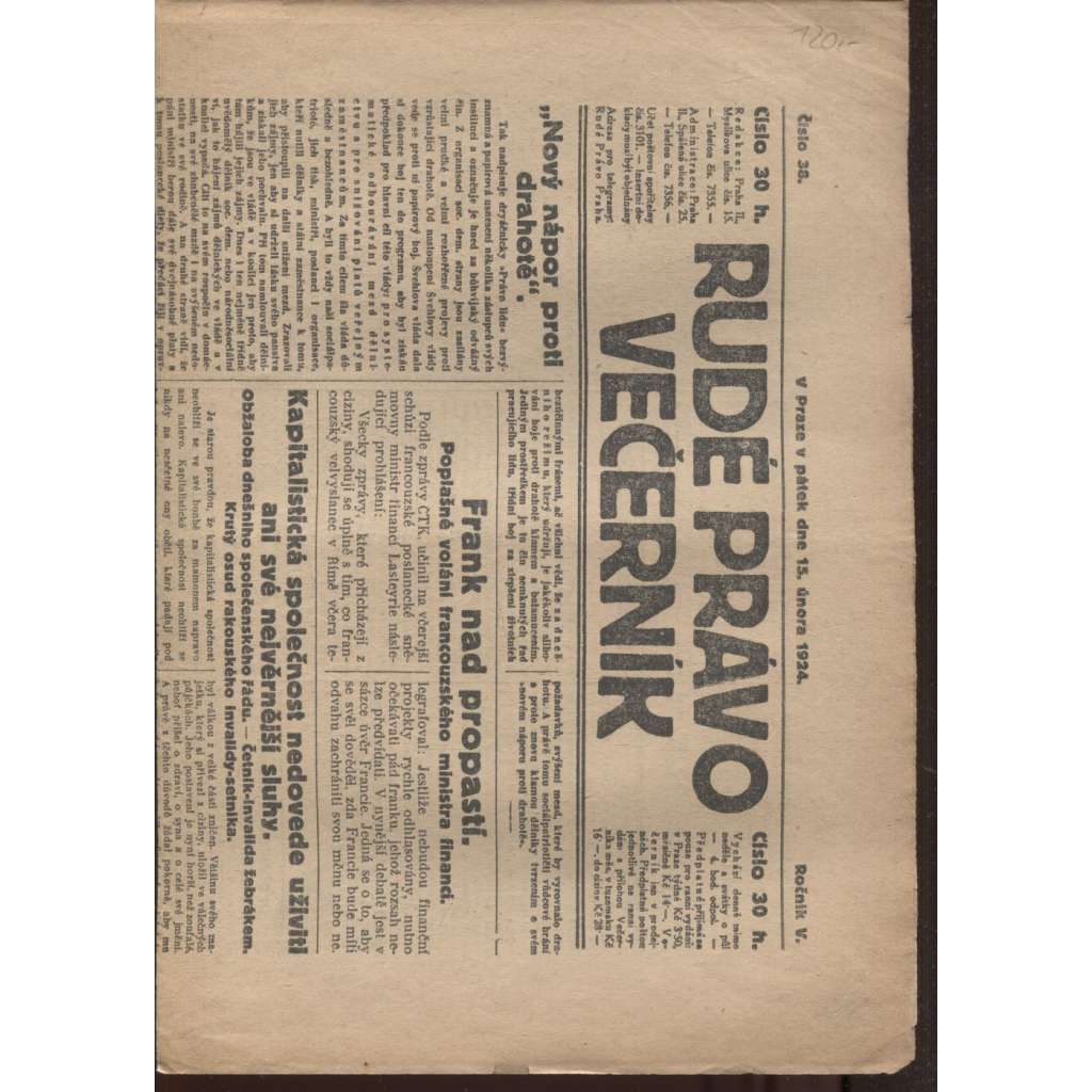 Rudé právo - večerník (15.2.1924) - 1. republika, staré noviny