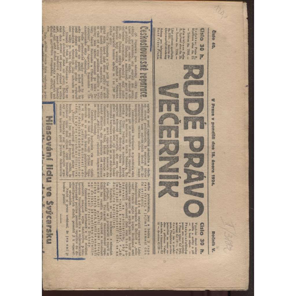 Rudé právo - večerník (18.2.1924) - 1. republika, staré noviny