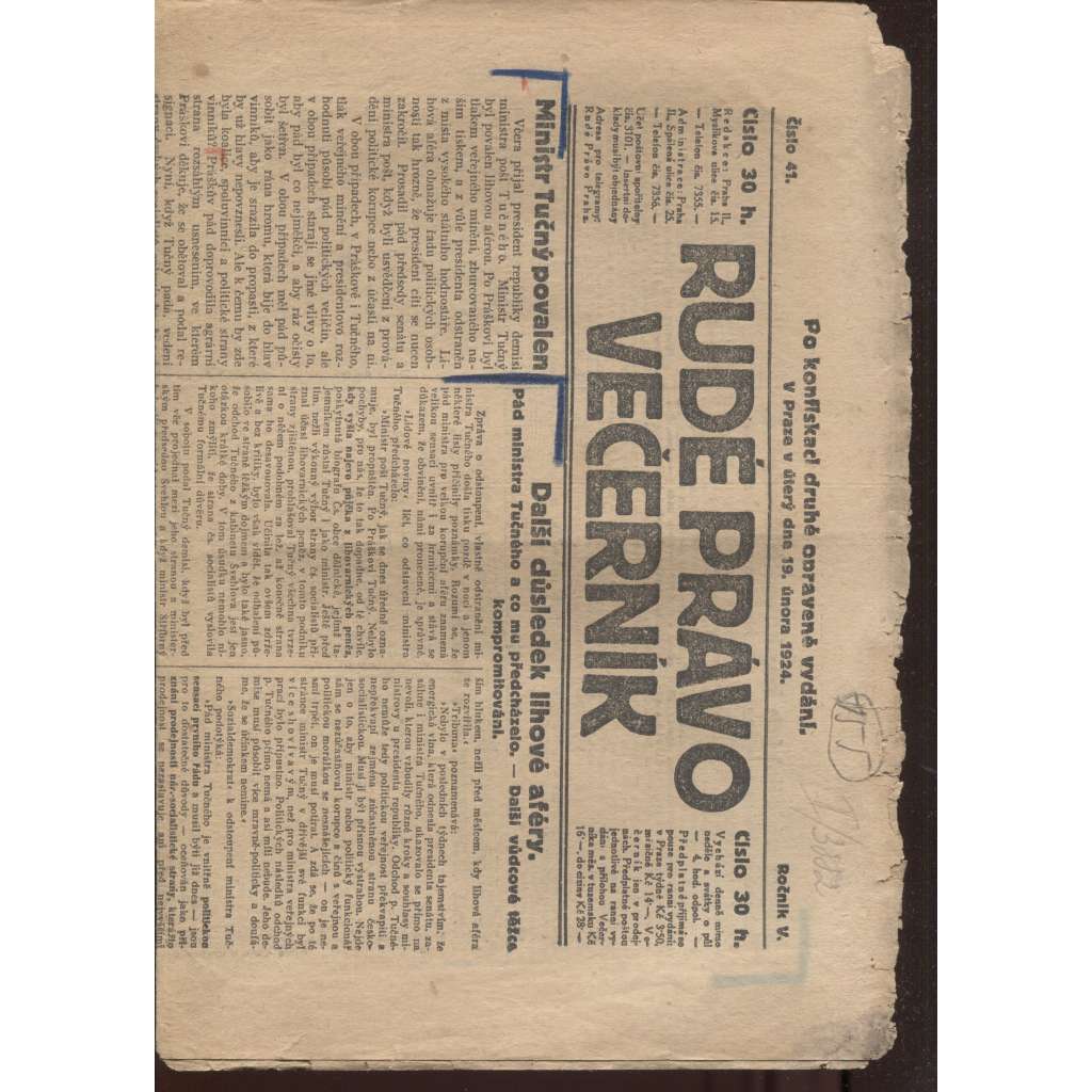 Rudé právo - večerník (19.2.1924) - 1. republika, staré noviny