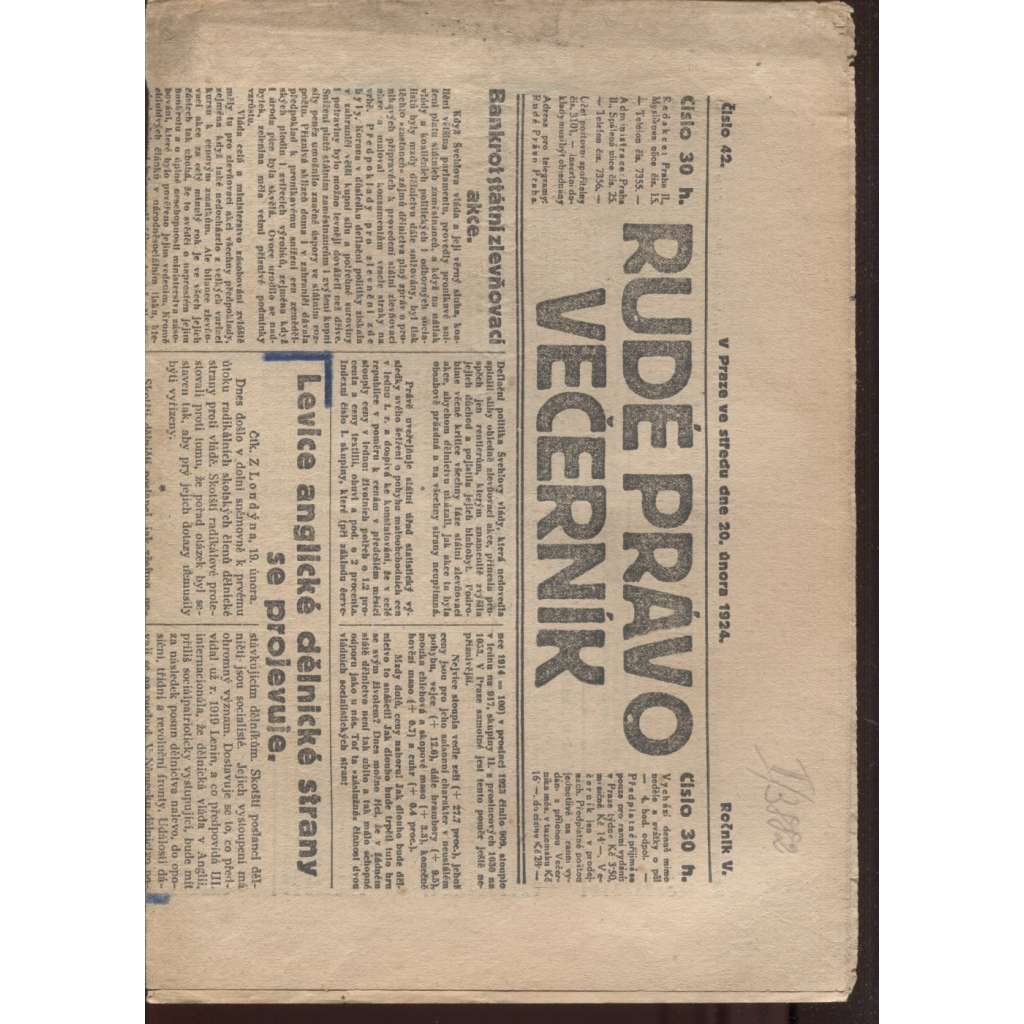 Rudé právo - večerník (20.2.1924) - 1. republika, staré noviny