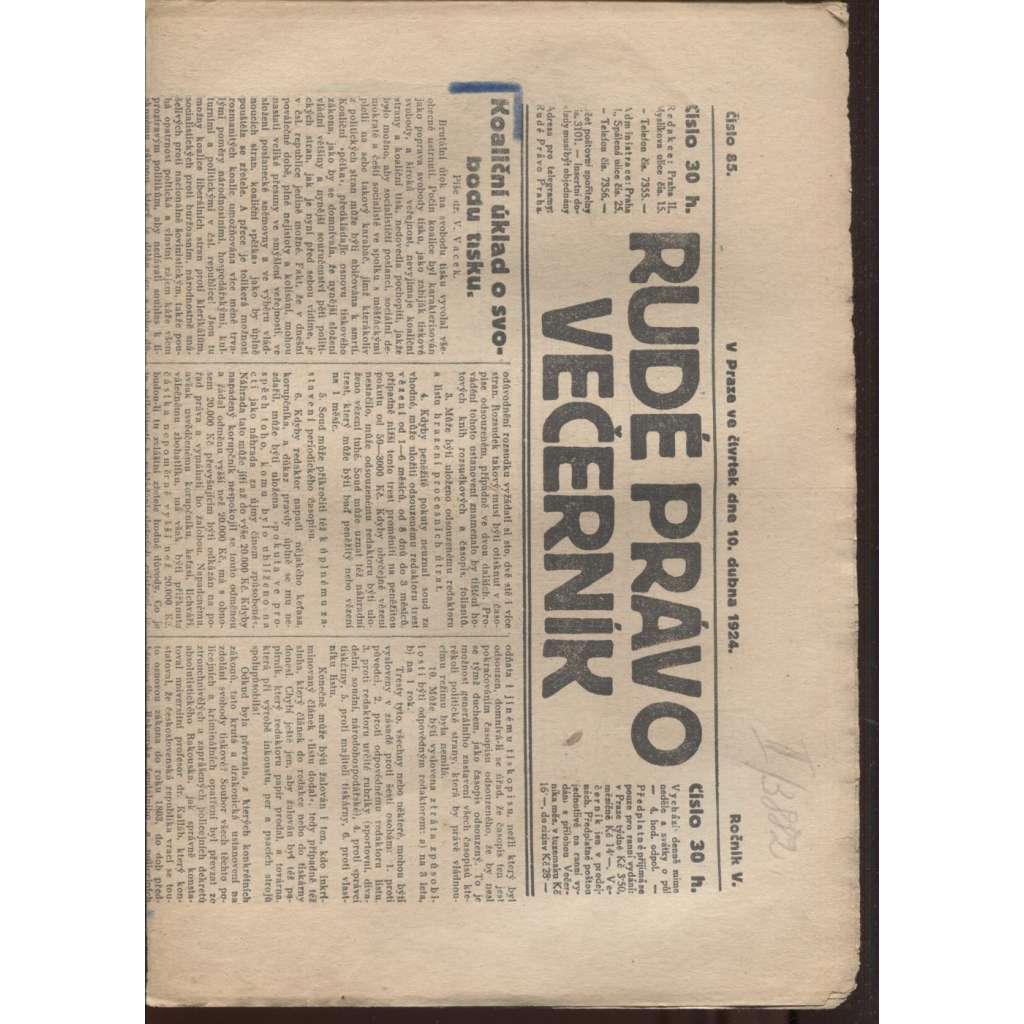 Rudé právo - večerník (10.4.1924) - 1. republika, staré noviny