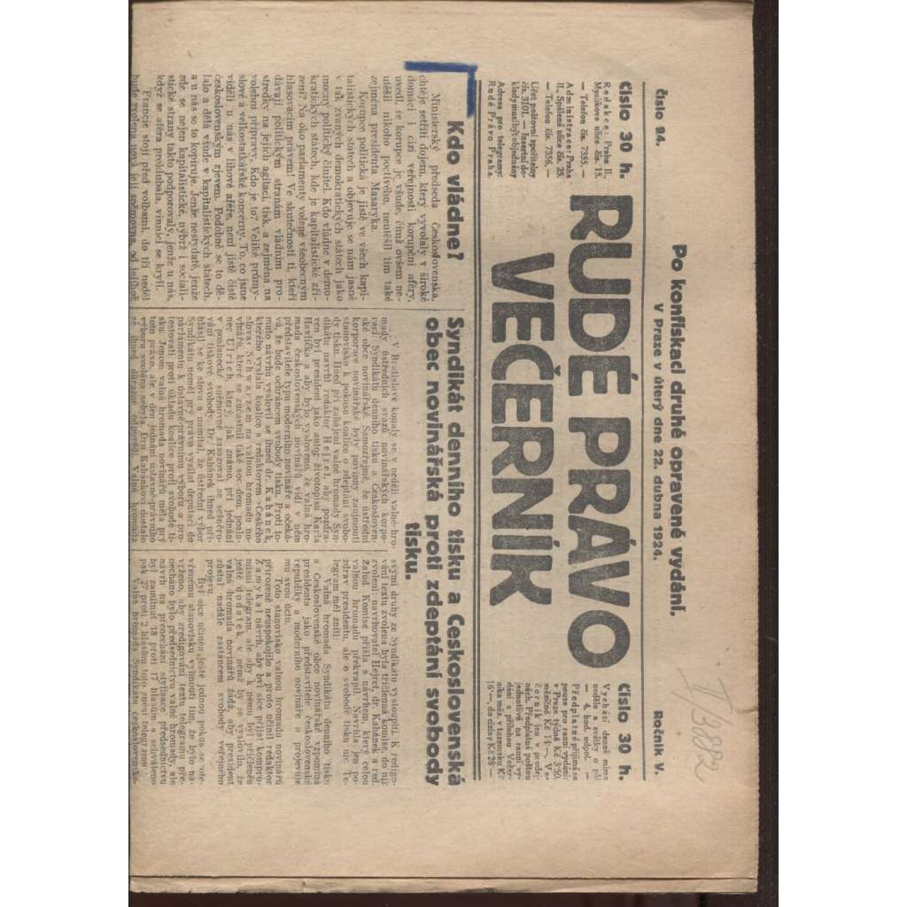 Rudé právo - večerník (22.4.1924) - 1. republika, staré noviny