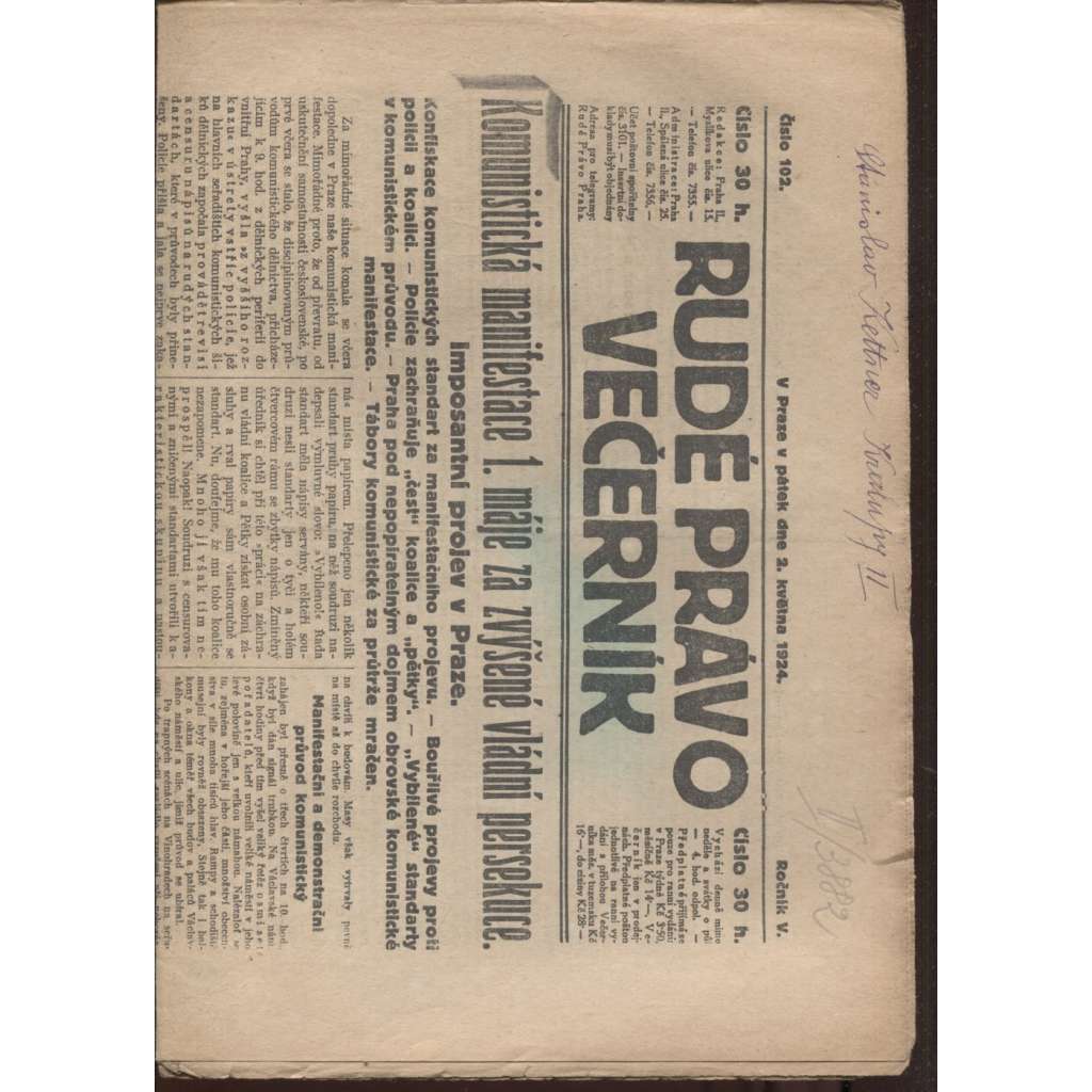 Rudé právo - večerník (2.5.1924) - 1. republika, staré noviny
