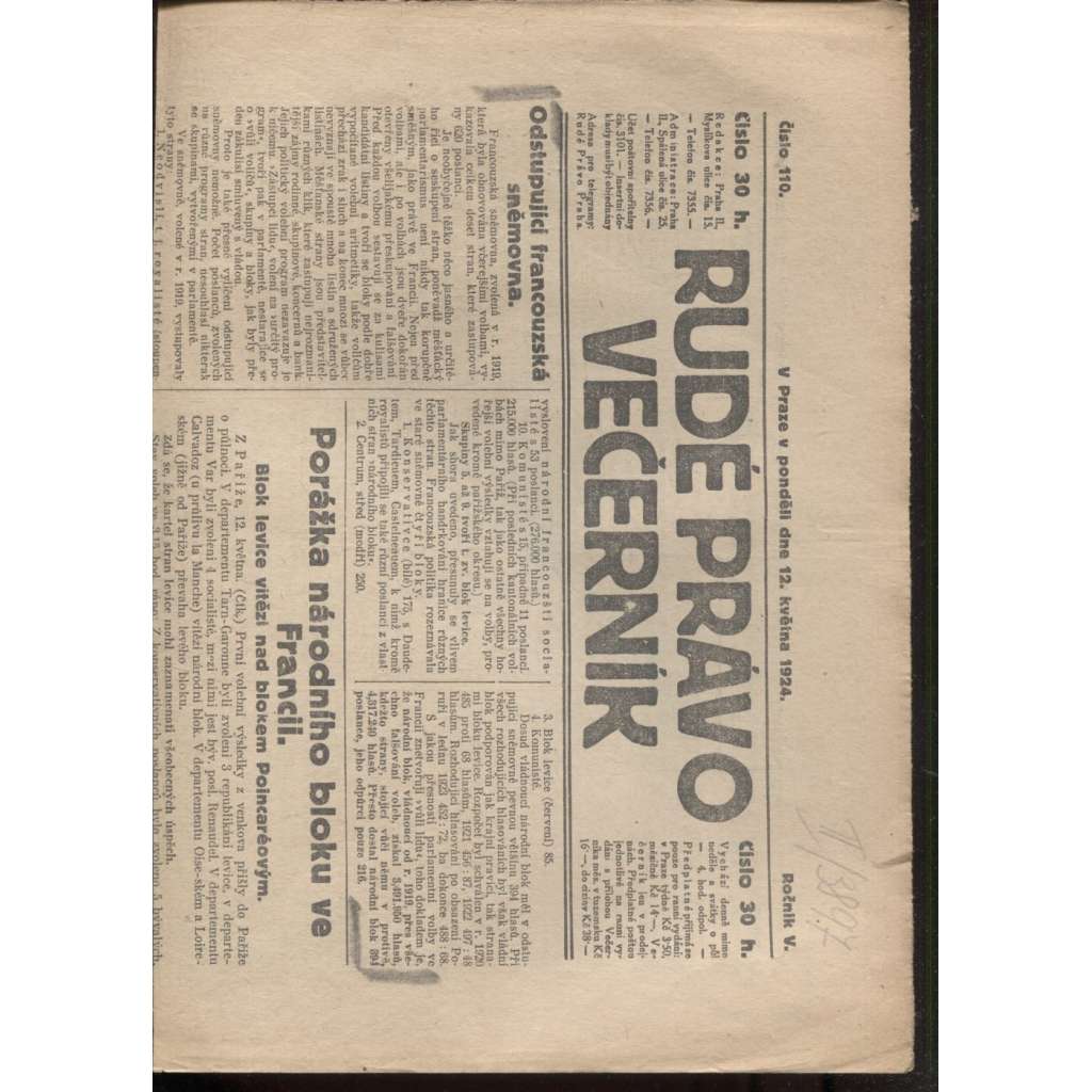 Rudé právo - večerník (12.5.1924) - 1. republika, staré noviny