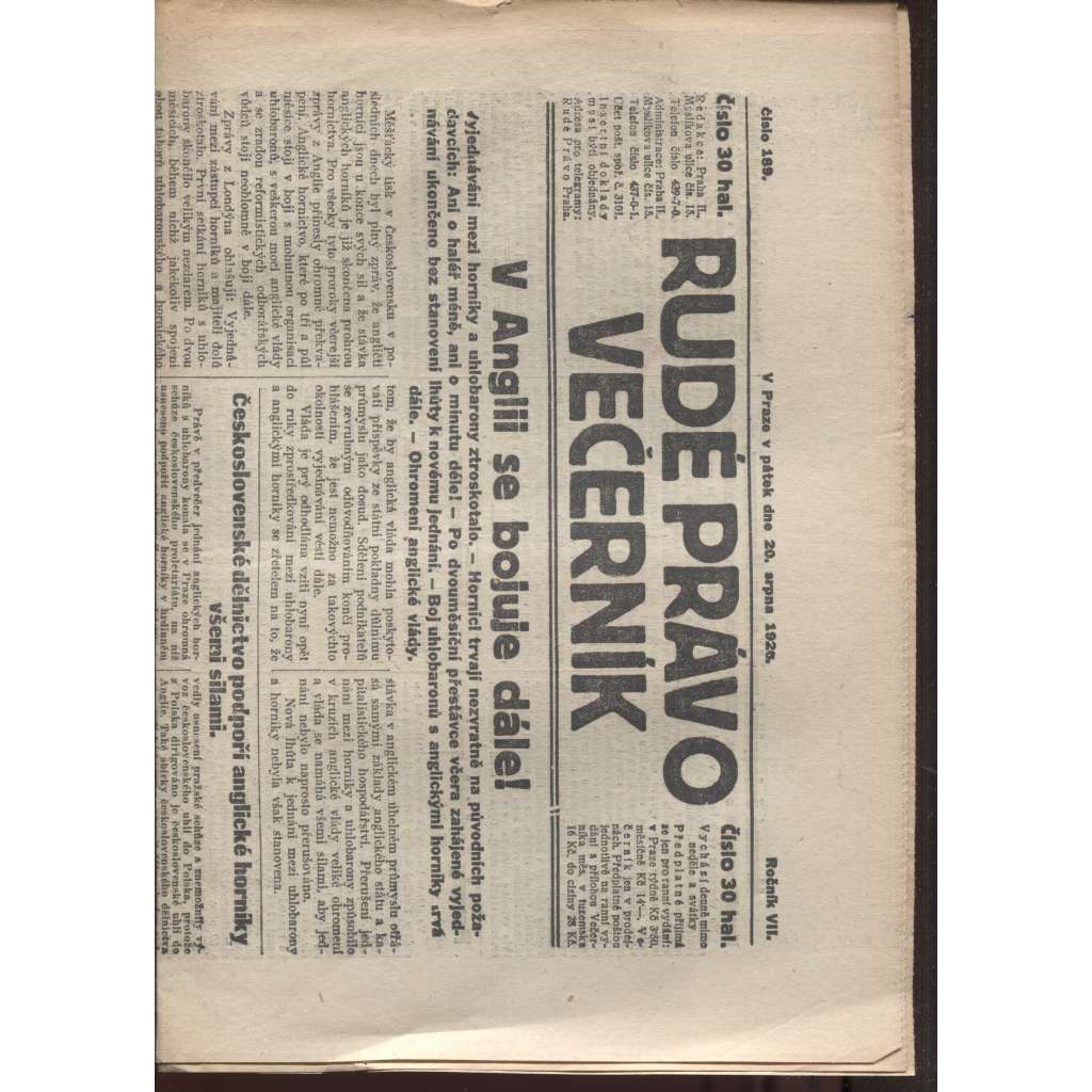 Rudé právo - večerník (20.8.1926) - 1. republika, staré noviny