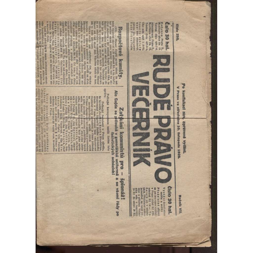 Rudé právo - večerník (10.11.1926) - 1. republika, staré noviny