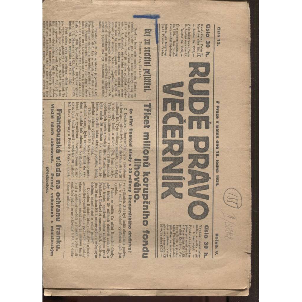Rudé právo - večerník (18.1.1924) - 1. republika, staré noviny