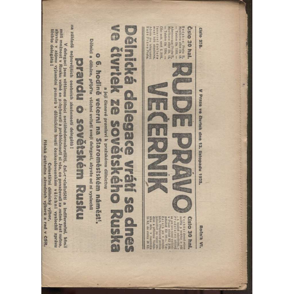 Rudé právo - večerník (12.11.1925) - 1. republika, staré noviny