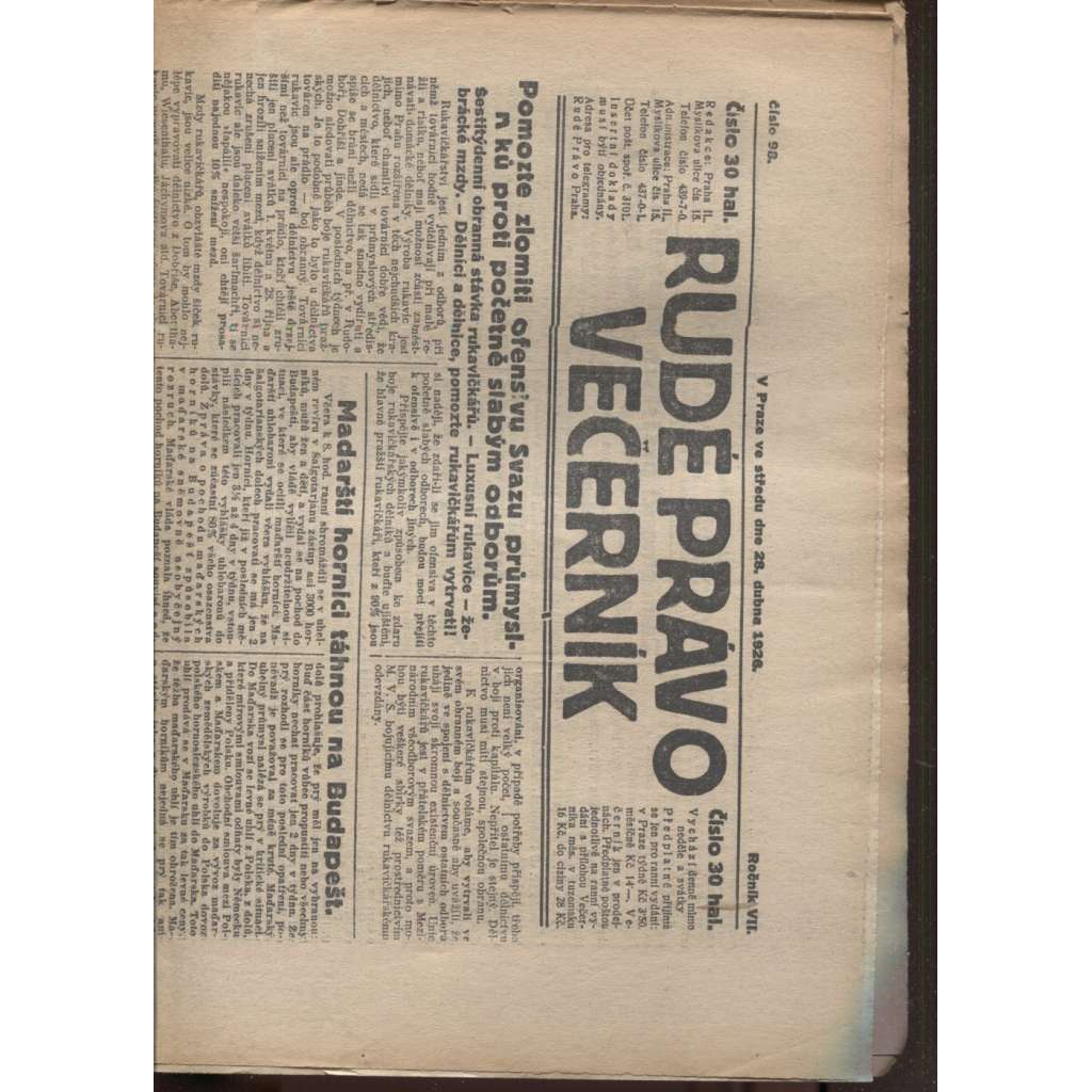 Rudé právo - večerník (28.4.1926) - 1. republika, staré noviny