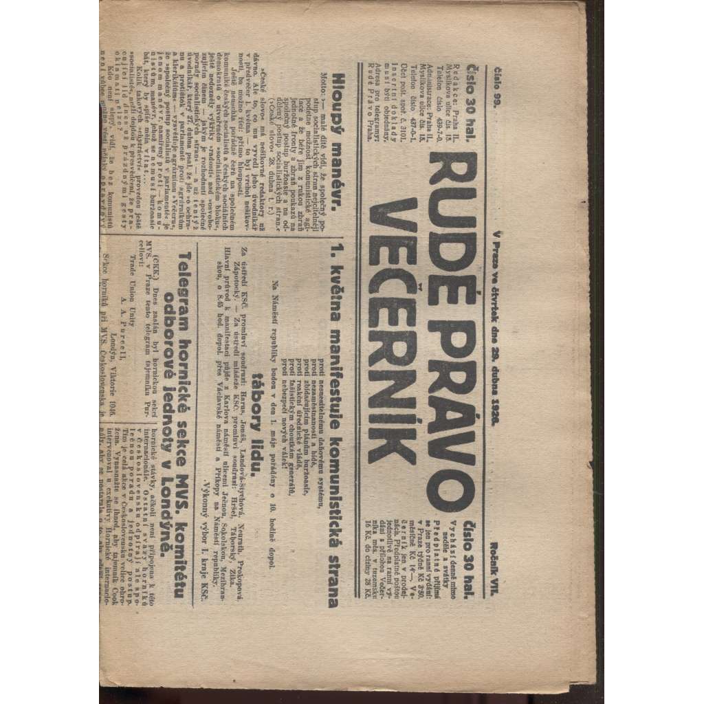 Rudé právo - večerník (29.4.1926) - 1. republika, staré noviny