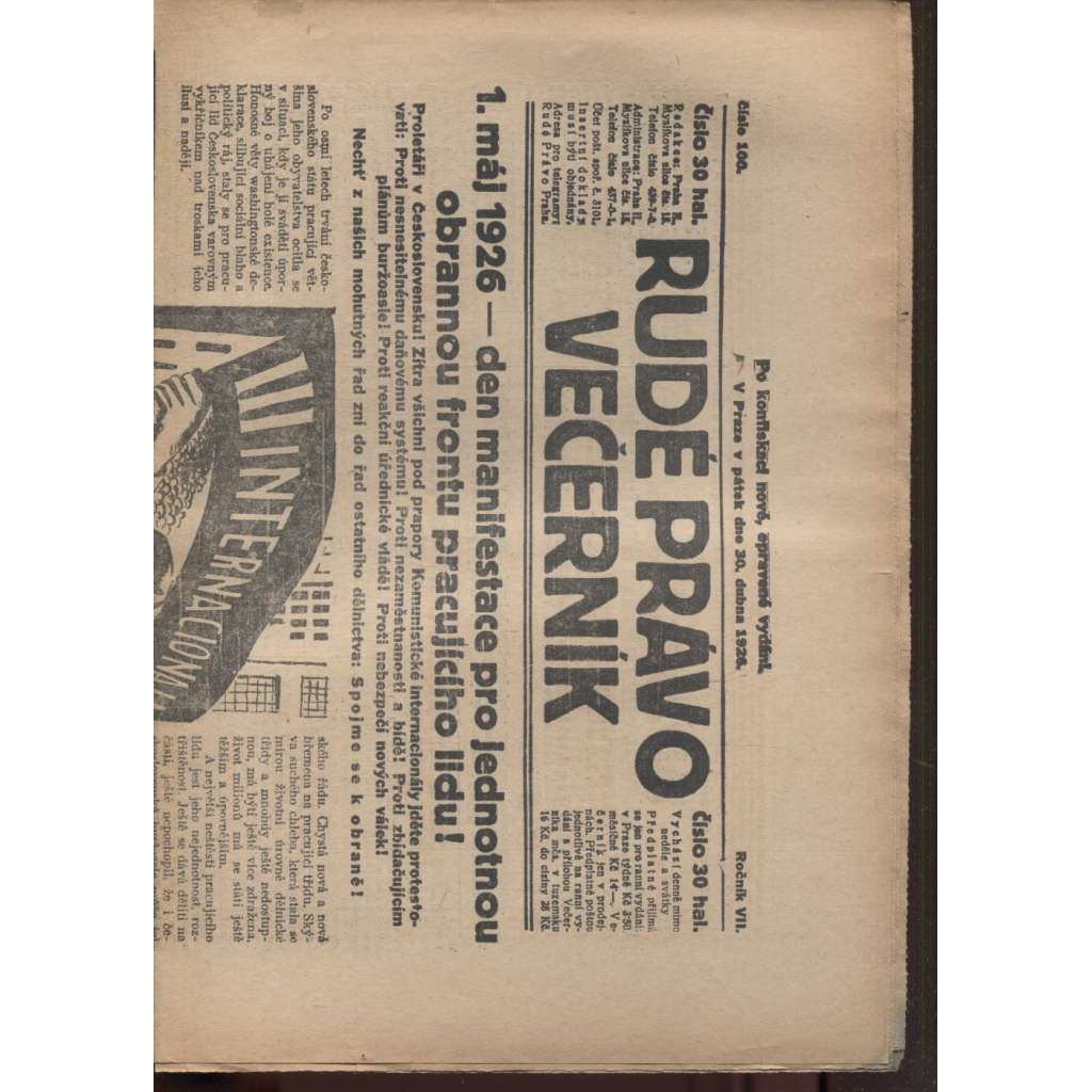 Rudé právo - večerník (30.4.1926) - 1. republika, staré noviny