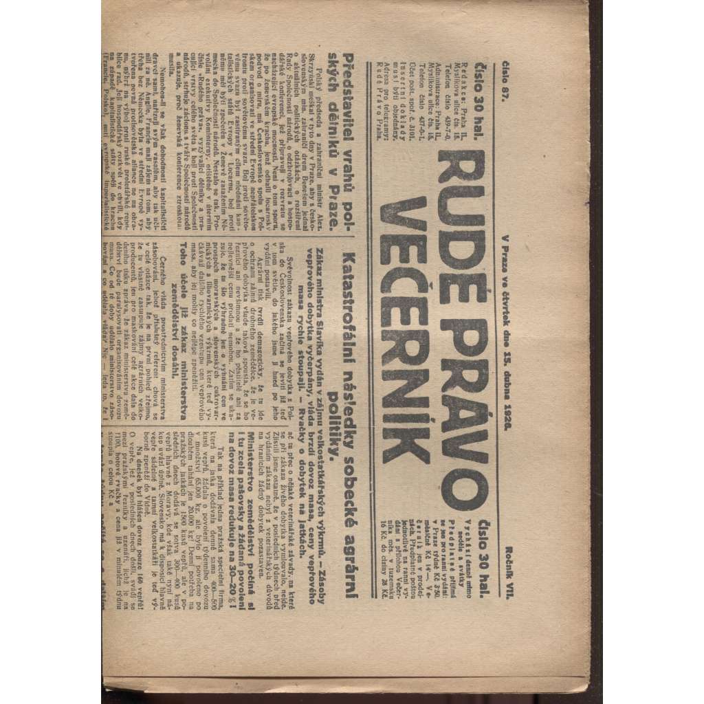 Rudé právo - večerník (15.4.1926) - 1. republika, staré noviny