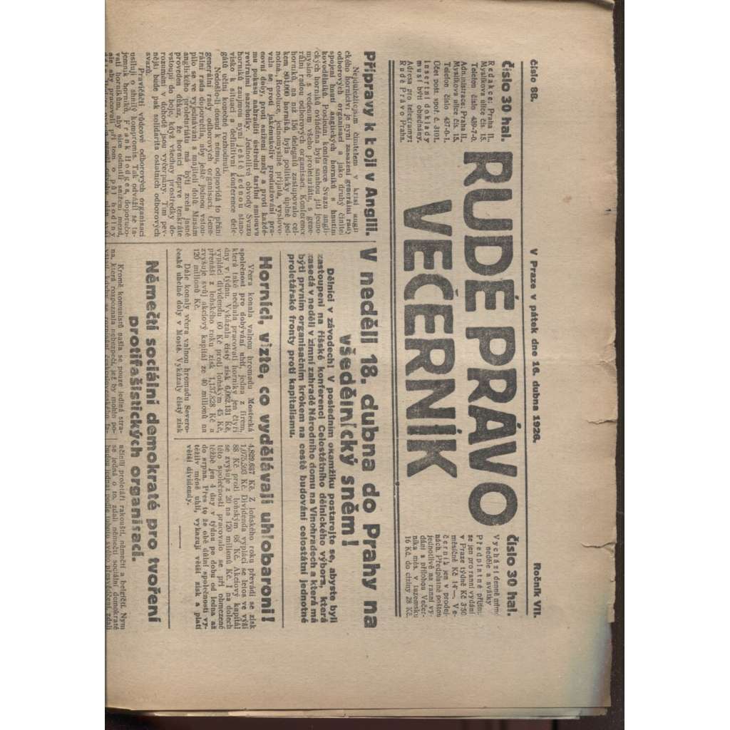 Rudé právo - večerník (16.4.1926) - 1. republika, staré noviny