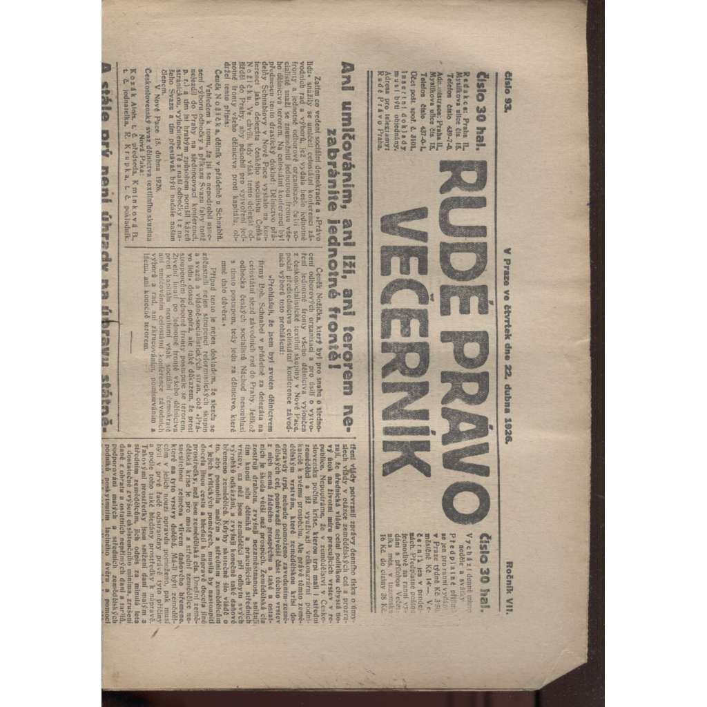 Rudé právo - večerník (22.4.1926) - 1. republika, staré noviny