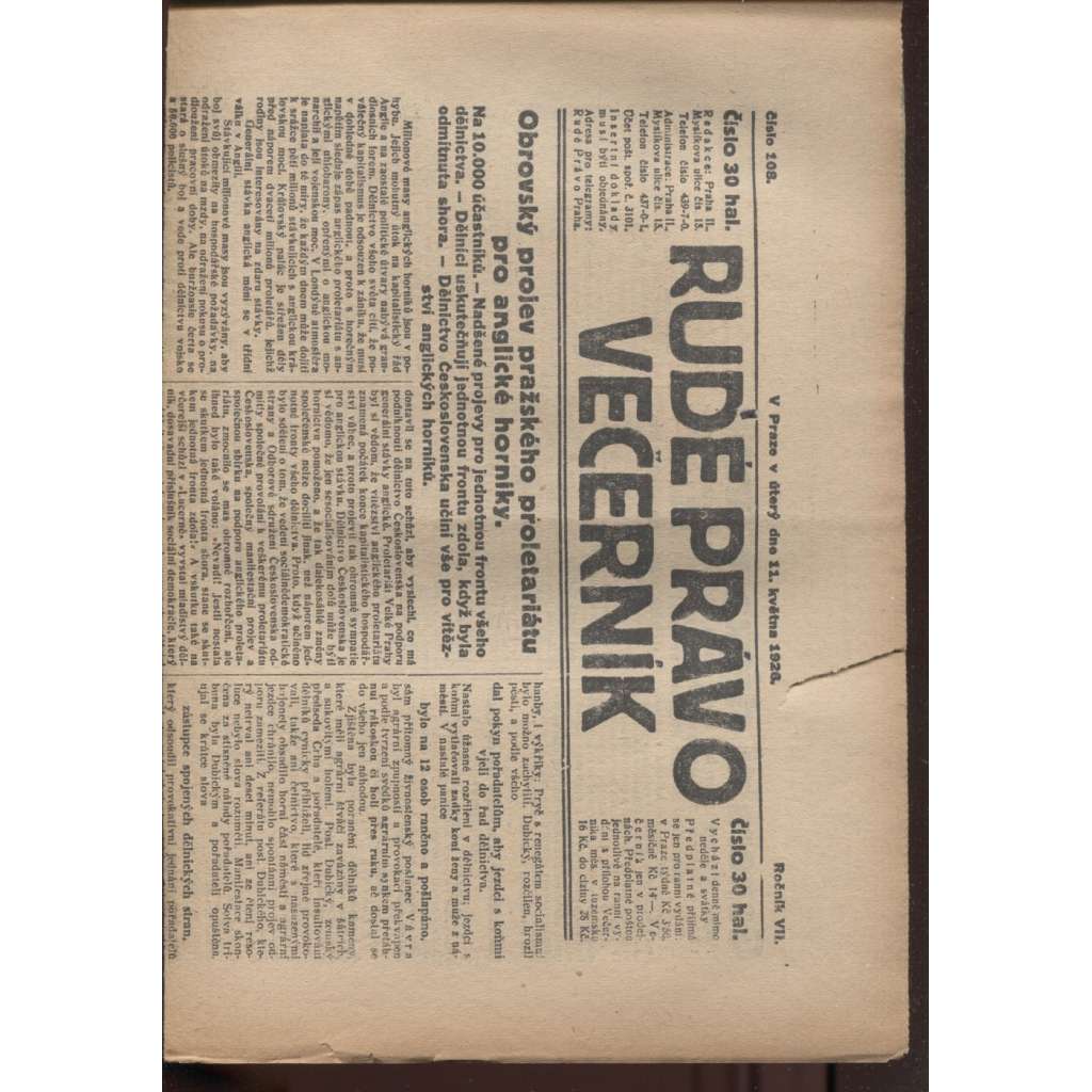Rudé právo - večerník (11.5.1926) - 1. republika, staré noviny