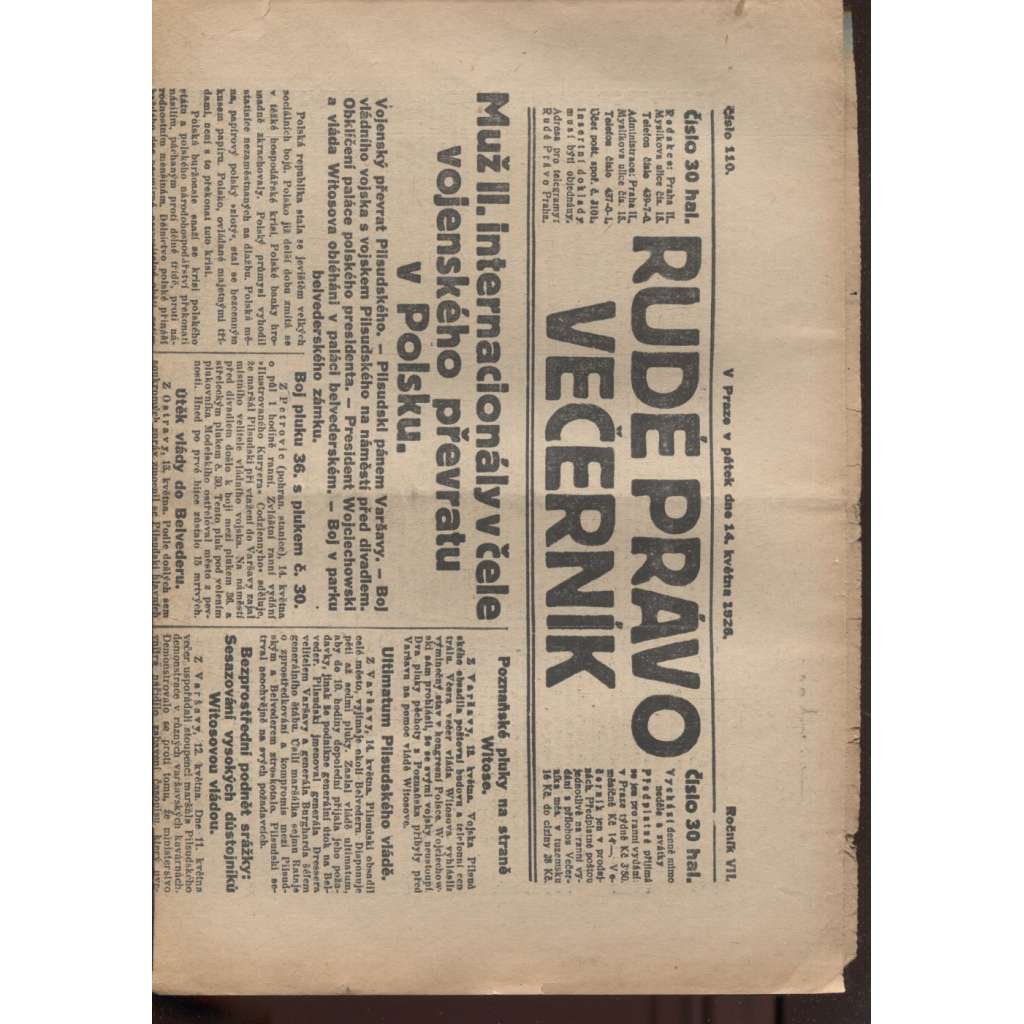 Rudé právo - večerník (14.5.1926) - 1. republika, staré noviny