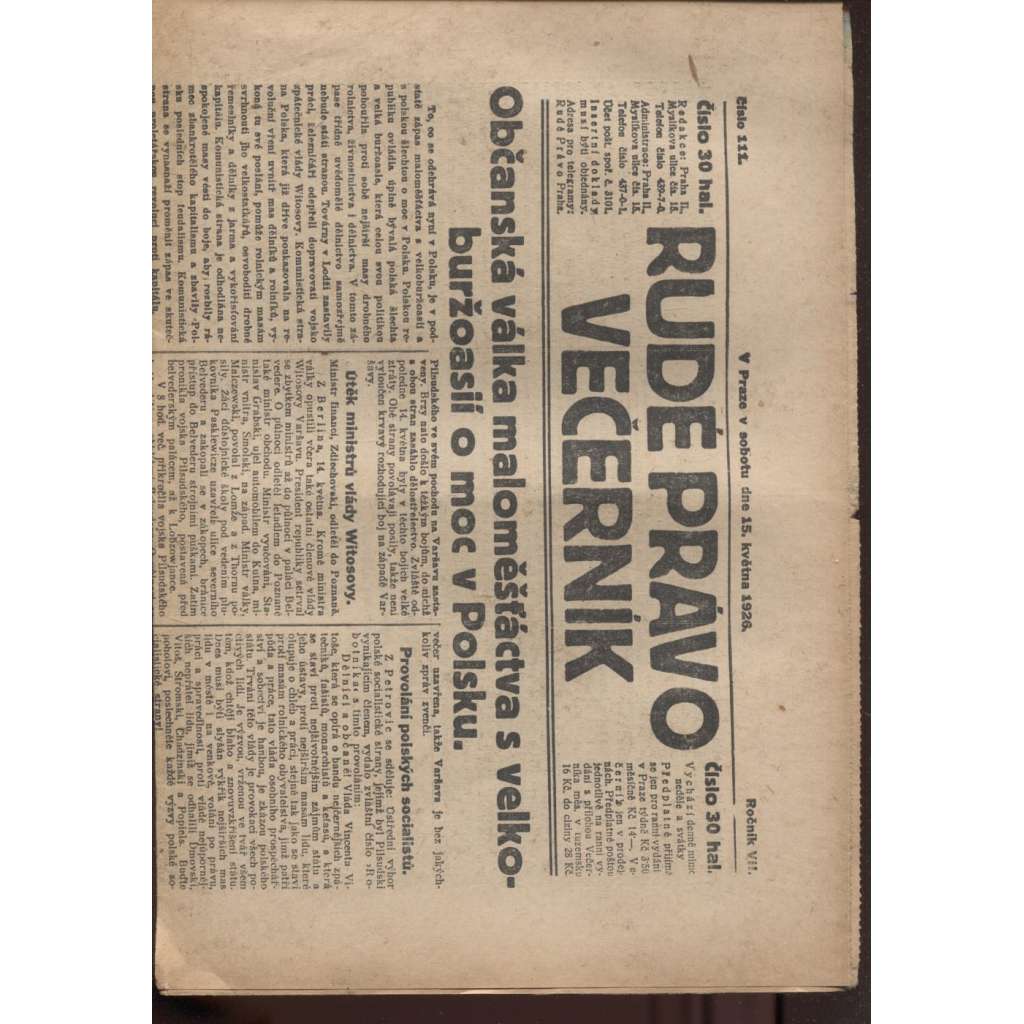 Rudé právo - večerník (15.5.1926) - 1. republika, staré noviny
