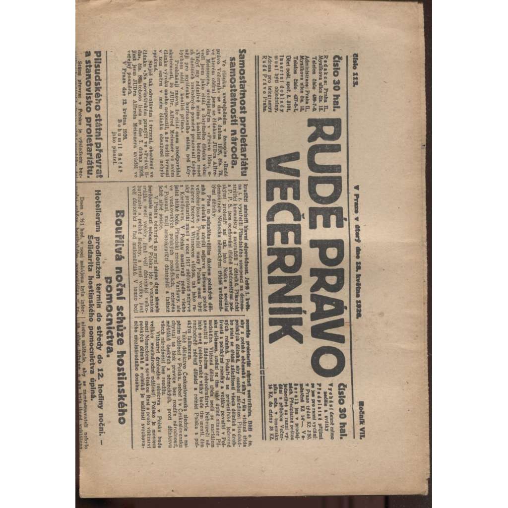 Rudé právo - večerník (18.5.1926) - 1. republika, staré noviny