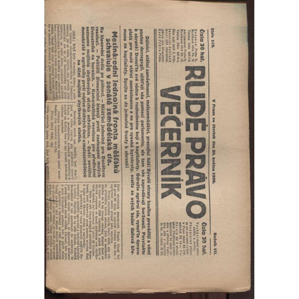 Rudé právo - večerník (20.5.1926) - 1. republika, staré noviny