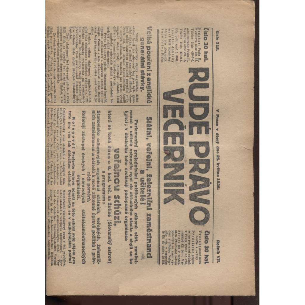 Rudé právo - večerník (25.5.1926) - 1. republika, staré noviny