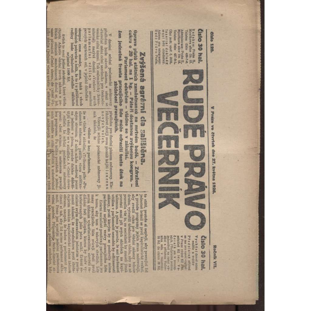Rudé právo - večerník (27.5.1926) - 1. republika, staré noviny