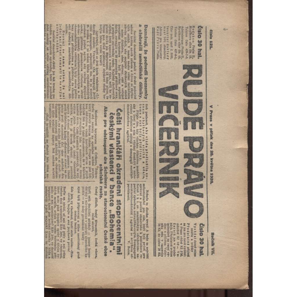 Rudé právo - večerník (28.5.1926) - 1. republika, staré noviny