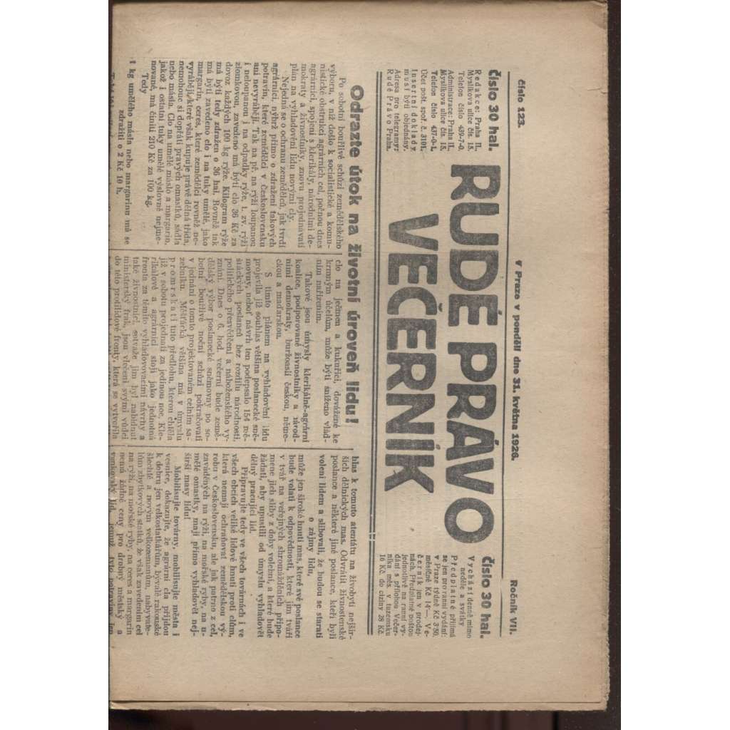 Rudé právo - večerník (31.5.1926) - 1. republika, staré noviny