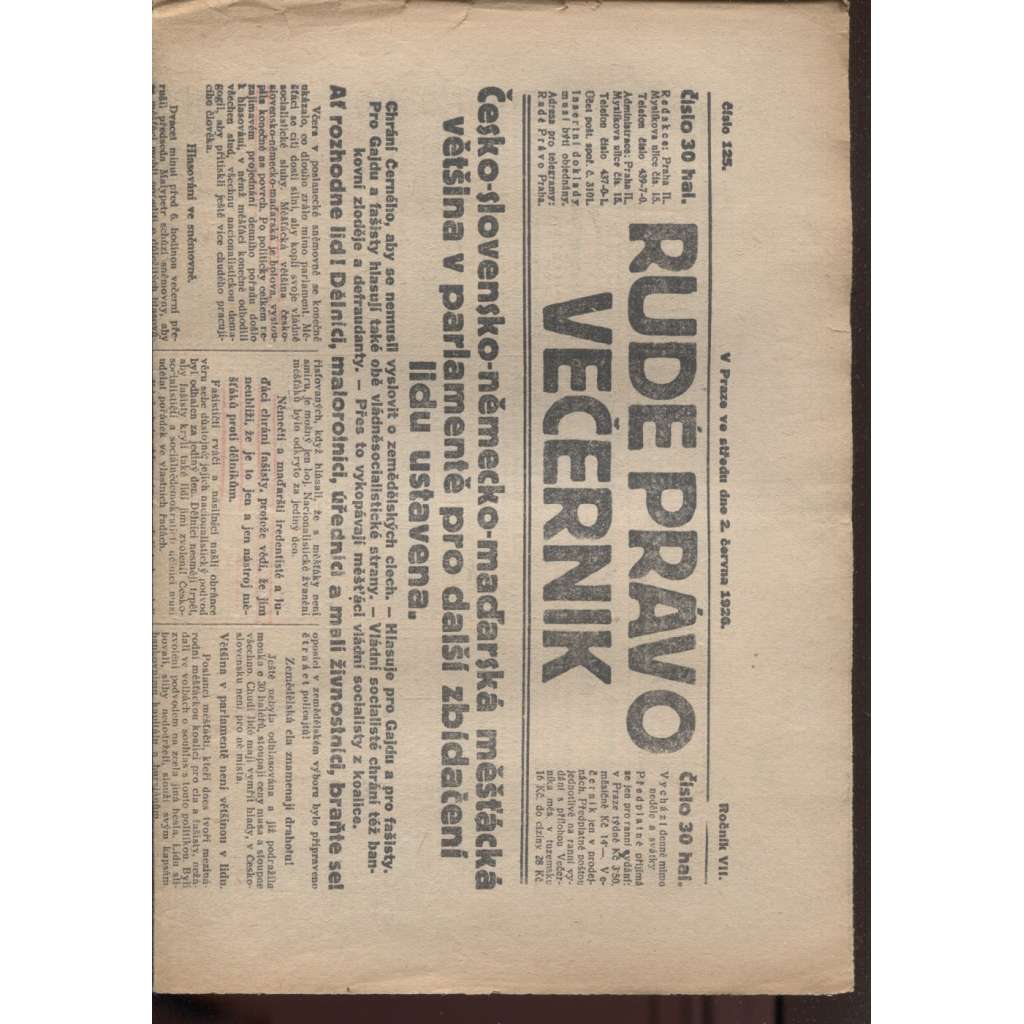 Rudé právo - večerník (2.6.1926) - 1. republika, staré noviny