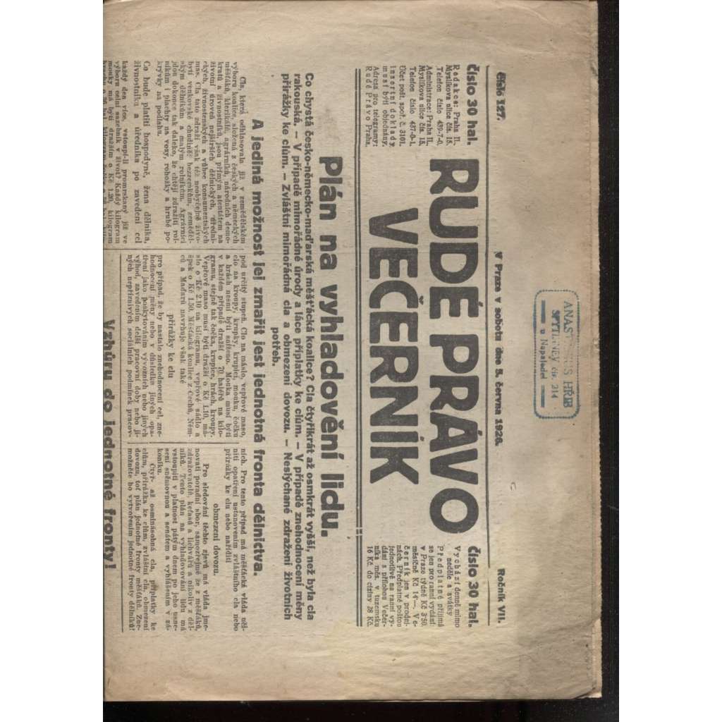 Rudé právo - večerník (5.6.1926) - 1. republika, staré noviny