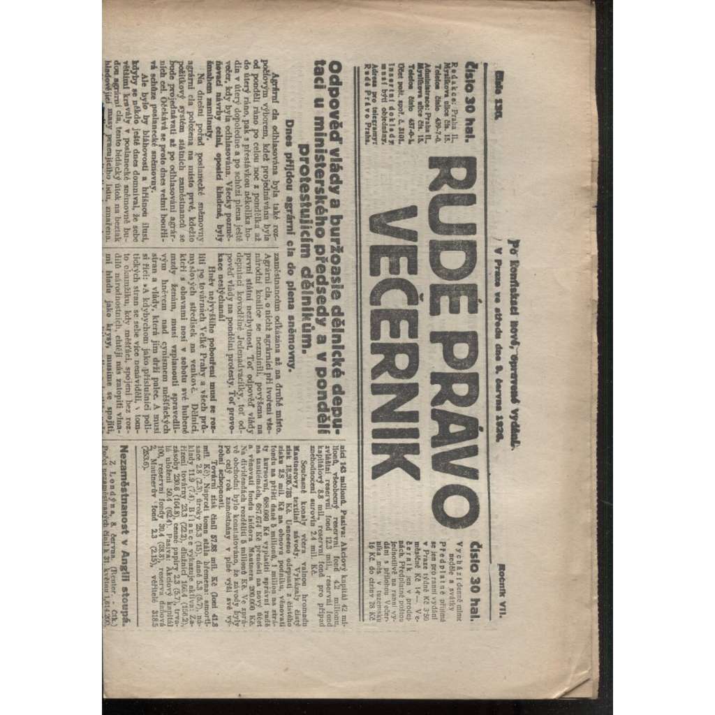 Rudé právo - večerník (9.6.1926) - 1. republika, staré noviny