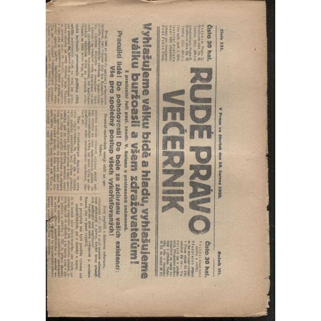 Rudé právo - večerník (10.6.1926) - 1. republika, staré noviny