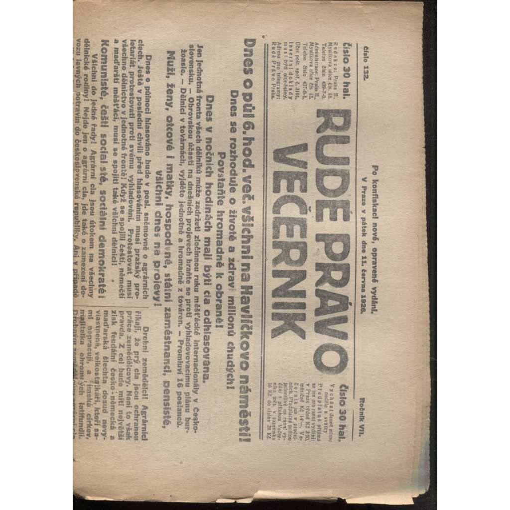 Rudé právo - večerník (11.6.1926) - 1. republika, staré noviny