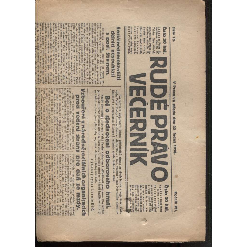 Rudé právo - večerník (20.1.1926) - 1. republika, staré noviny